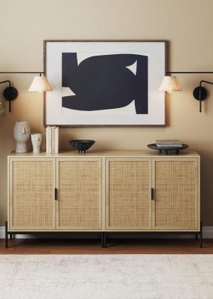 Bohemian TV Stand or Kitchen Sideboard Credenza, Rattan Accent Cabinet with Metal Legs, Light Oak/Matte Black, Set of 2