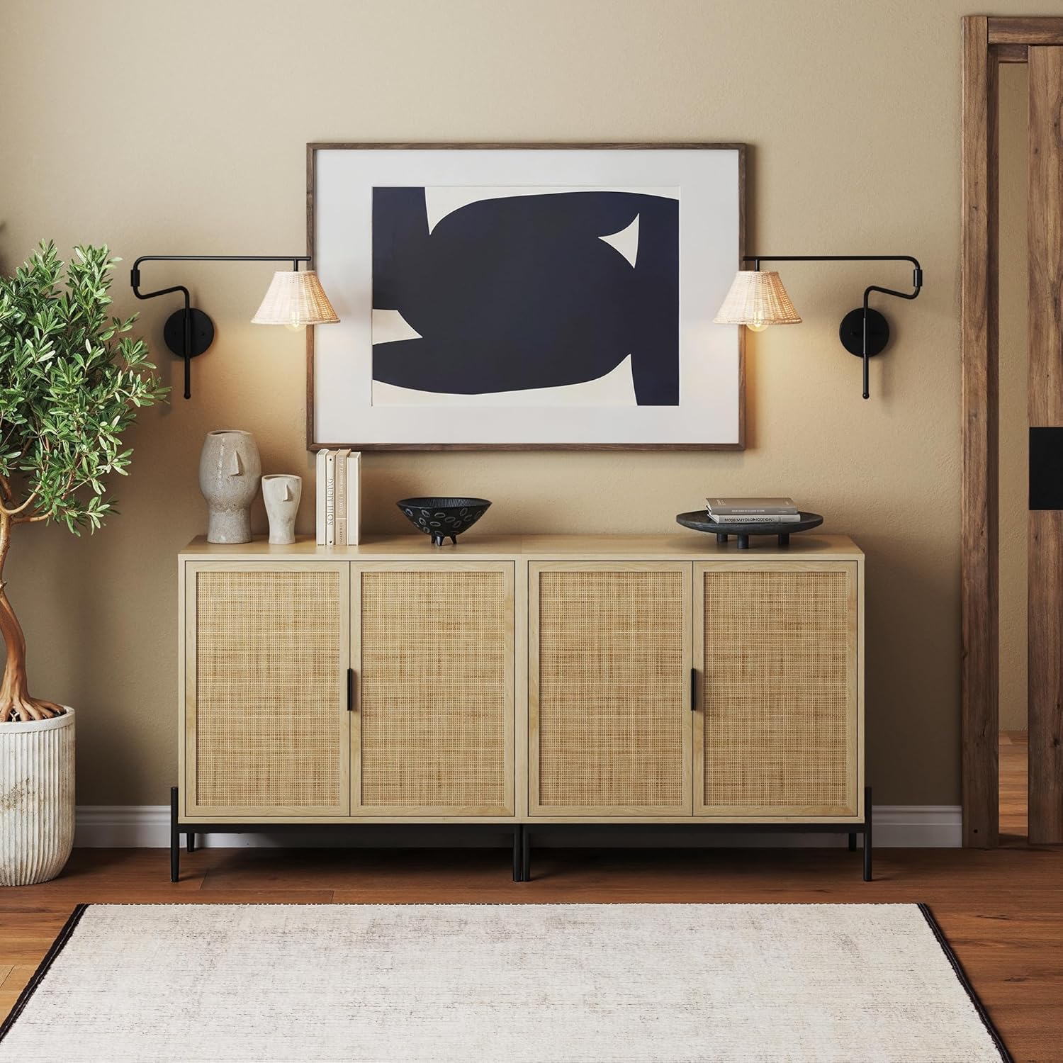 Bohemian TV Stand or Kitchen Sideboard Credenza, Rattan Accent Cabinet with Metal Legs, Light Oak/Matte Black, Set of 2