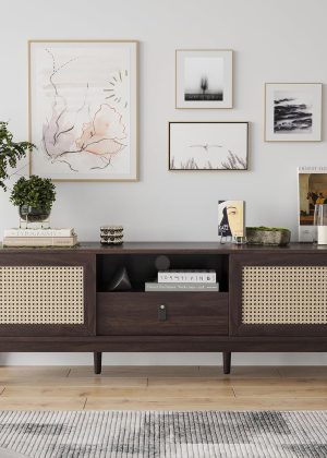 Rattan TV Stand for TVs, Wood TV Stand Mid Century Modern TV Stand TV Media Console with Drawer and 2 Cabinets, Boho Entertainment Center for Living Room