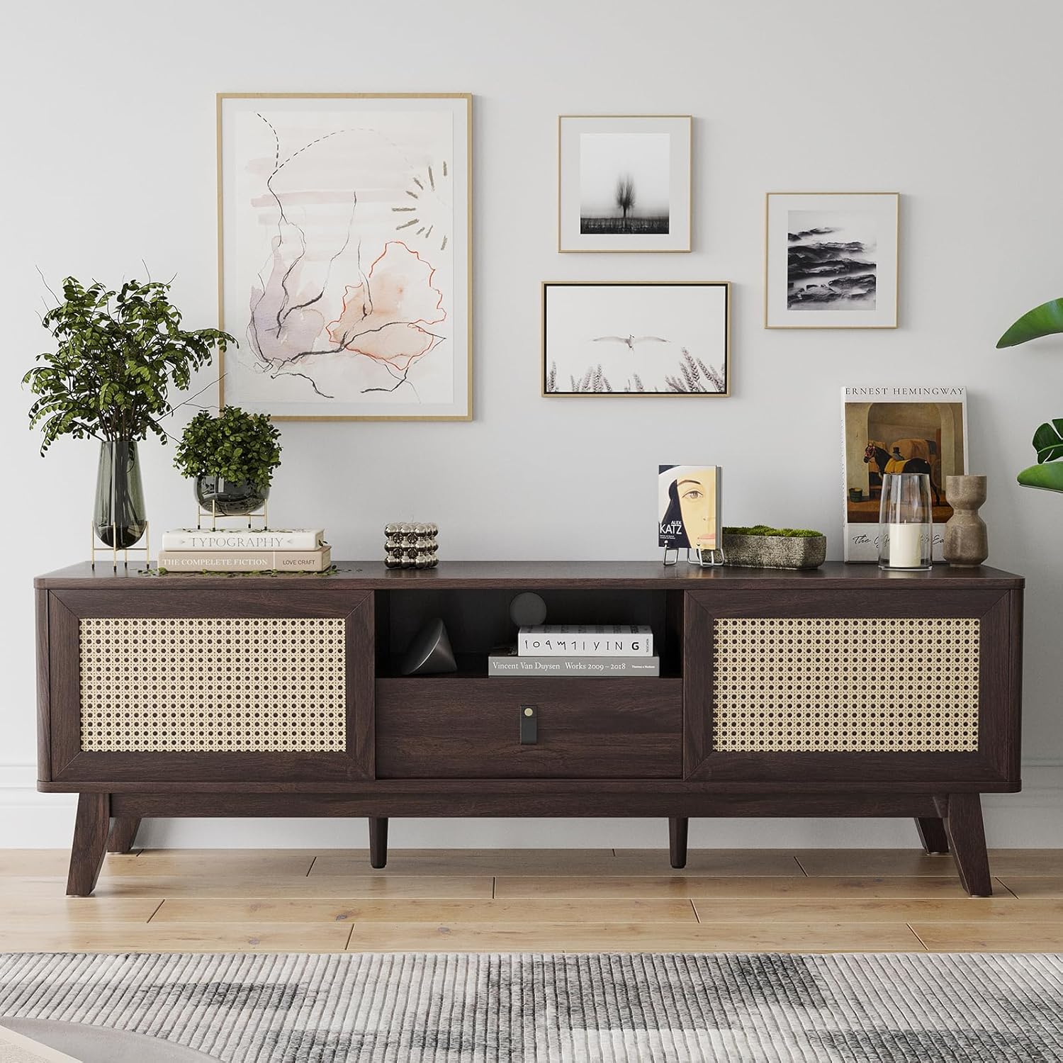 Rattan TV Stand for TVs, Wood TV Stand Mid Century Modern TV Stand TV Media Console with Drawer and 2 Cabinets, Boho Entertainment Center for Living Room