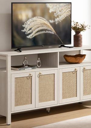 Rattan TV Stand for Television up to 65 Inch - 29.5" Tall Entertainment Center with Storage and Open Shelves,Boho Credenza TV Console Cabinet with 4-Doors and Adjustable Shelf for Living Room