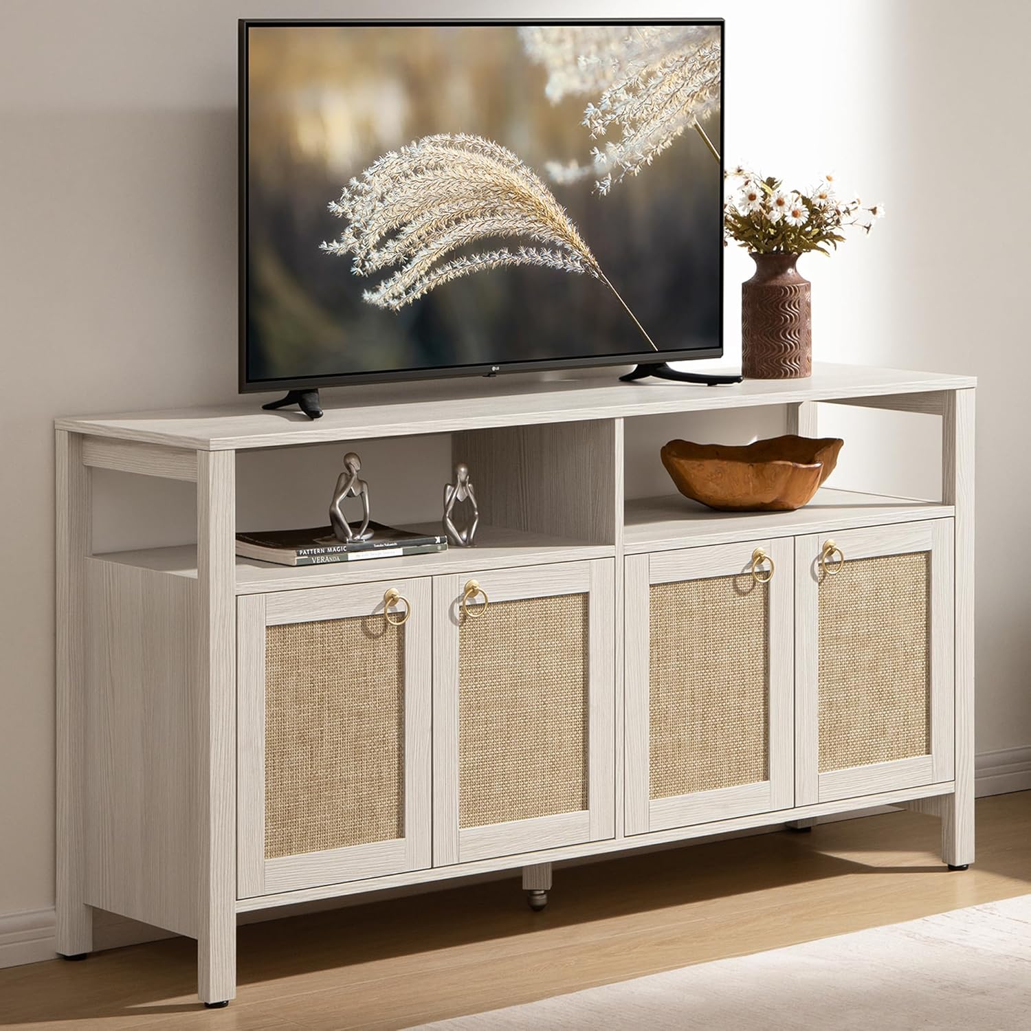 Rattan TV Stand for Television up to 65 Inch - 29.5" Tall Entertainment Center with Storage and Open Shelves,Boho Credenza TV Console Cabinet with 4-Doors and Adjustable Shelf for Living Room