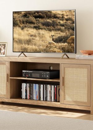 Rattan TV Stand for 65 inch, Natural Oak Entertainment Center with Adjustable Shelves, Boho TV & Media Cabinet 2-Tier Storage for Living Room Bedroom