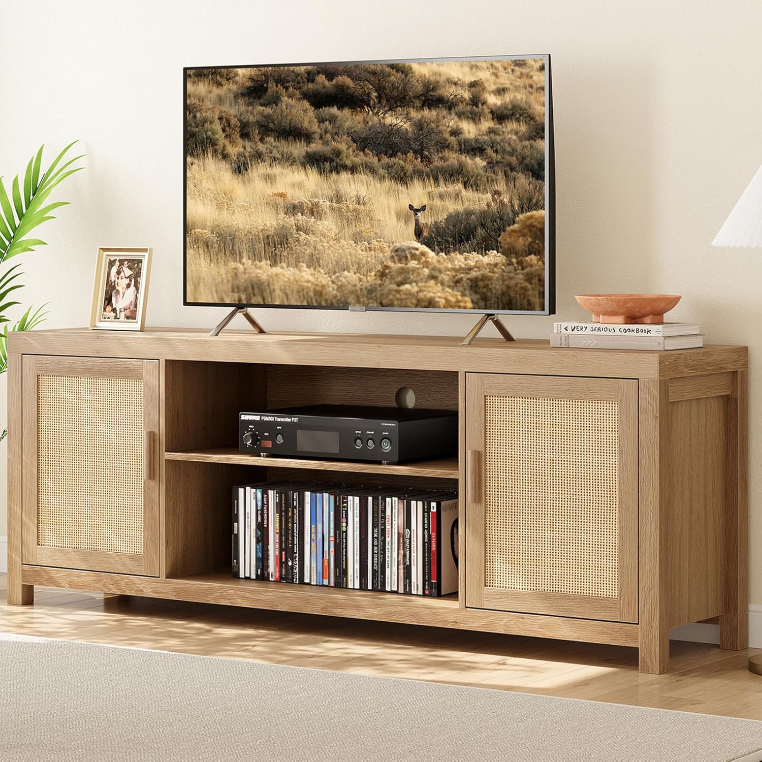 Rattan TV Stand for 65 inch, Natural Oak Entertainment Center with Adjustable Shelves, Boho TV & Media Cabinet 2-Tier Storage for Living Room Bedroom