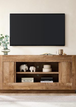 Modern 70" TV Stand, Entertainment Center for TVs Up to 80", Media Console with Large Open Storage & Side Cabinets, Thick Wood Design for Living Room, Light Knotty Oak