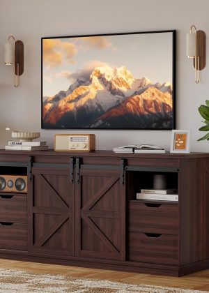 Farmhouse TV Stand for Televisions up to 65 Inch, Wood Entertainment Center with Sliding Barn Doors and 4 Storage Drawers, 58’’ Media Console Cabinet with Shelves for Living Room, Espresso