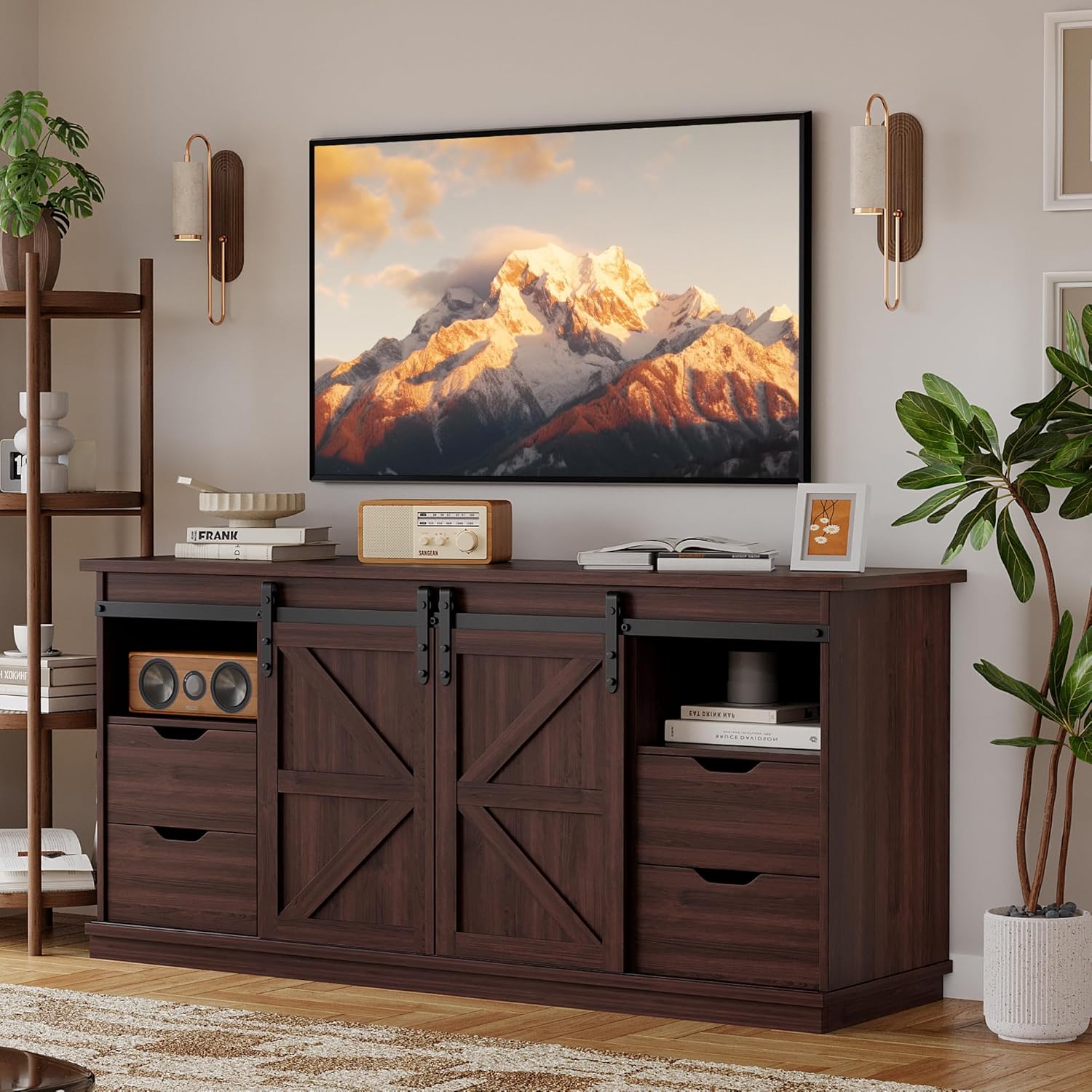 Farmhouse TV Stand for Televisions up to 65 Inch, Wood Entertainment Center with Sliding Barn Doors and 4 Storage Drawers, 58’’ Media Console Cabinet with Shelves for Living Room, Espresso