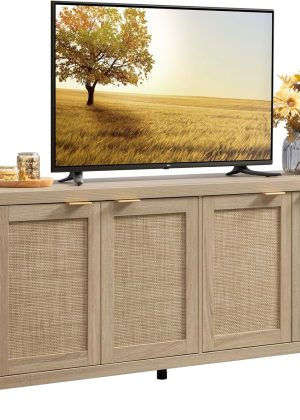 TV Stand for Living Room Boho Entertainment Center for Bedroom with 4 Rattan Cabinets Farmhouse Television Stands with Storage Large Media Console Table for TVs up to 65 Inch