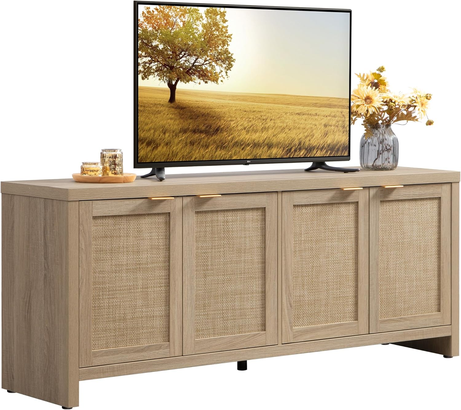 TV Stand for Living Room Boho Entertainment Center for Bedroom with 4 Rattan Cabinets Farmhouse Television Stands with Storage Large Media Console Table for TVs up to 65 Inch