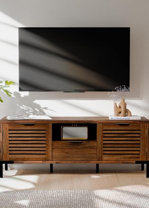 Solid Wood TV Stand for TVs up to 65 Inches, Modern Farmhouse TV Stand with Rustic Charm, TV Stands for Living Room, Chestnut