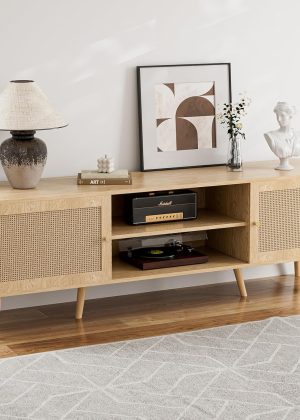 TV Stand for TVs up to 65'', Entertainment Center With Rattan Door, Shelves & 2 Cabinets, Long Boho Media Console for Living Room, Natural