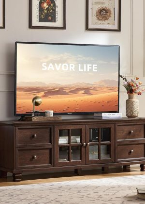 Farmhouse TV Stands for Living Room, Brown Entertainment Center with Storage, Wood TV Console with 4 Drawers, Rustic TV Cabinet for 65 inch TV, Walnut