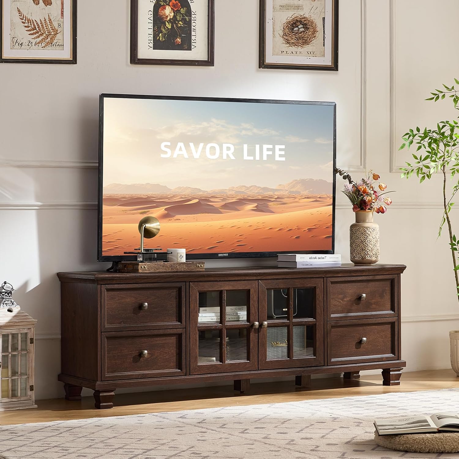 Farmhouse TV Stands for Living Room, Brown Entertainment Center with Storage, Wood TV Console with 4 Drawers, Rustic TV Cabinet for 65 inch TV, Walnut