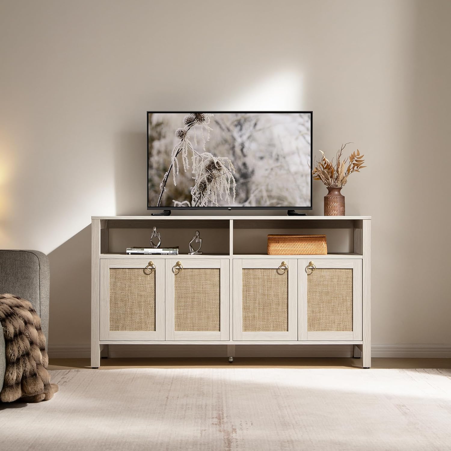 Rattan TV Stand for Television up to 65 Inch - 29.5" Tall Entertainment Center with Storage and Open Shelves,Boho Credenza TV Console Cabinet with 4-Doors and Adjustable Shelf for Living Room - Image 2