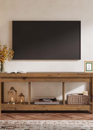 63" Solid Wood TV Stand, Entertainment Center for 65 inch TVs, Farmhouse Style with 3 Open Storage Shelves, Rustic Brown Console for Living Room Bedroom, Fits 55 60 65 75 Inch Television
