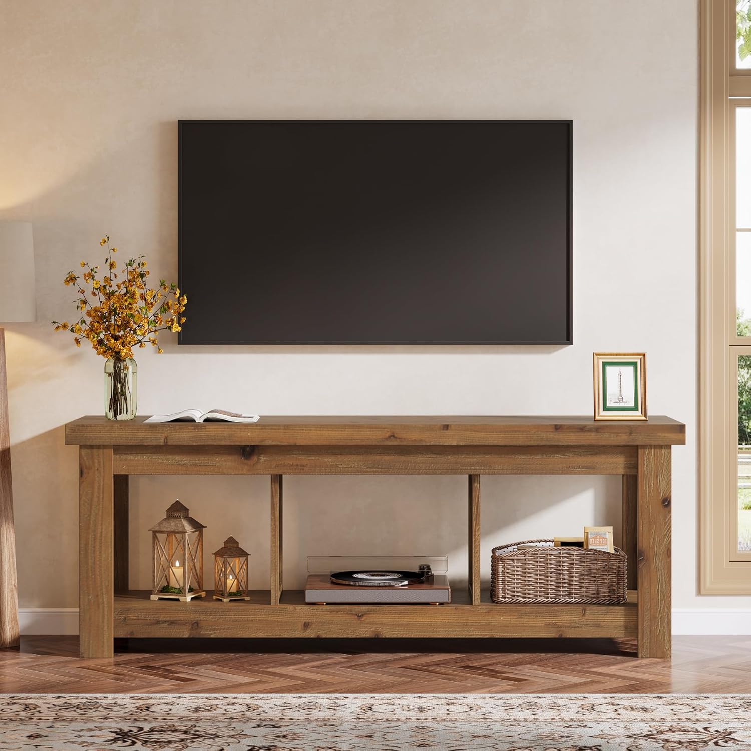 63" Solid Wood TV Stand, Entertainment Center for 65 inch TVs, Farmhouse Style with 3 Open Storage Shelves, Rustic Brown Console for Living Room Bedroom, Fits 55 60 65 75 Inch Television