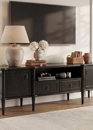 63" Pre-Assembled Tv Stand w/Power Outlet, Solid Wood Grain TV Consoles w/2 Cabinets & 2 Drawers, Mid Century Modern Entertainment Center for Living Room, Fits TVs up to 75", Black Oak