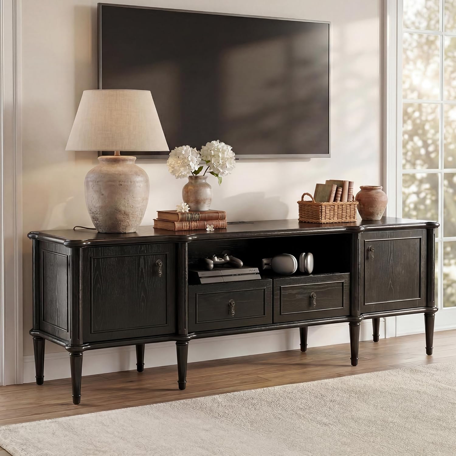 63" Pre-Assembled Tv Stand w/Power Outlet, Solid Wood Grain TV Consoles w/2 Cabinets & 2 Drawers, Mid Century Modern Entertainment Center for Living Room, Fits TVs up to 75", Black Oak