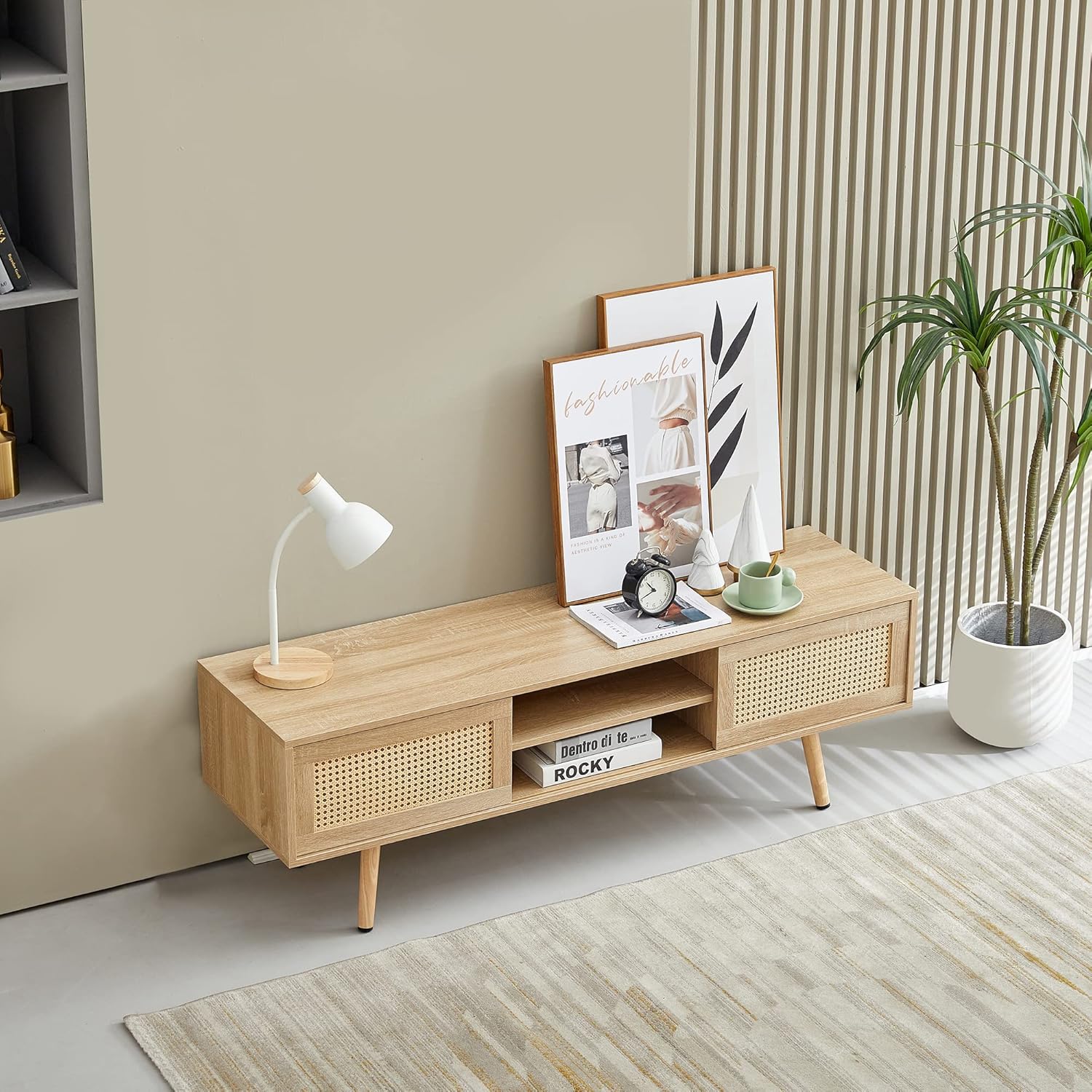 55.12" Rattan TV Cabinet with Double Sliding Doors, Adjustable Shelf, Solid Wood Legs, 220 lb Capacity TV Console for Living Room, Rattan Woven Media Stand Natural - Image 2