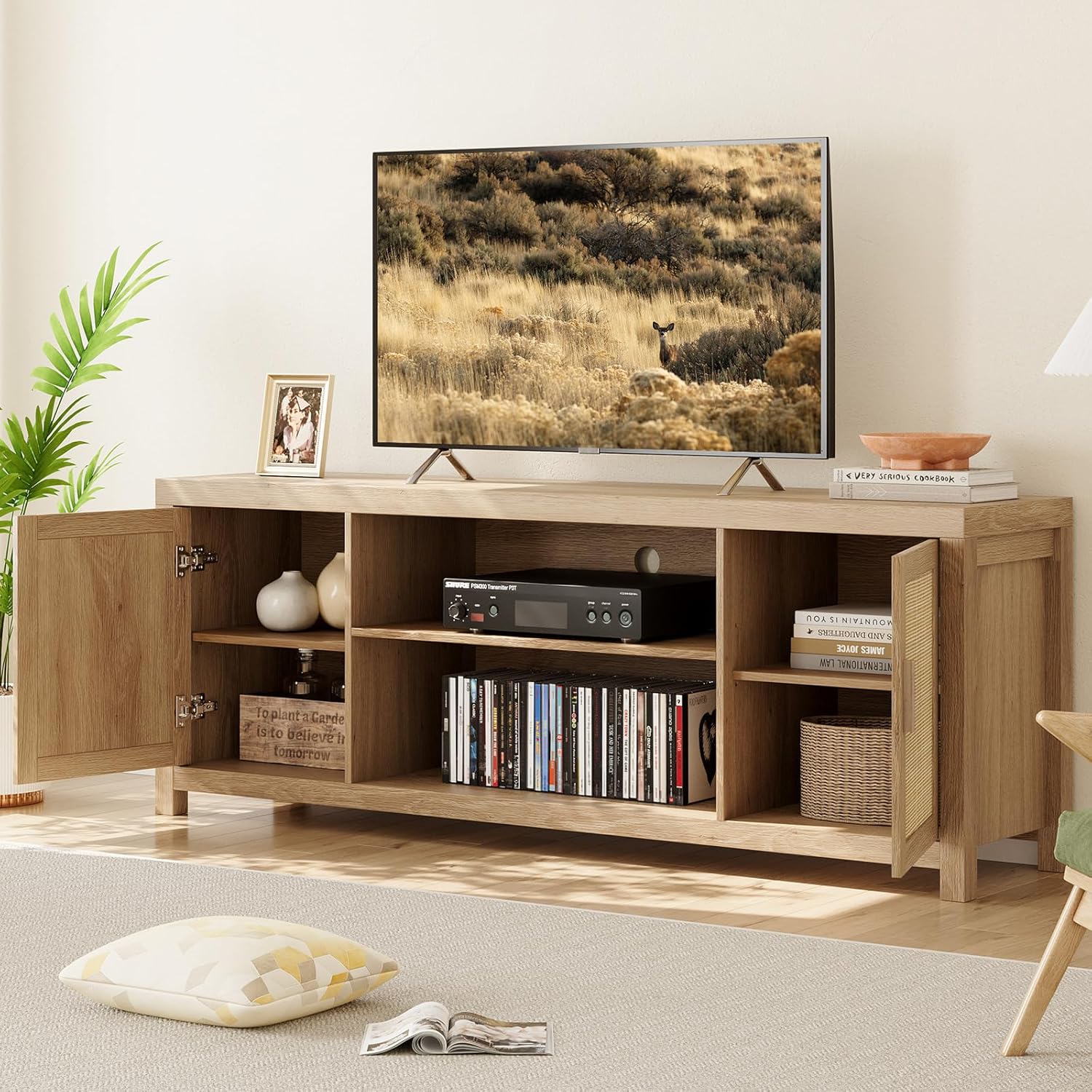 Rattan TV Stand for 65 inch, Natural Oak Entertainment Center with Adjustable Shelves, Boho TV & Media Cabinet 2-Tier Storage for Living Room Bedroom - Image 2
