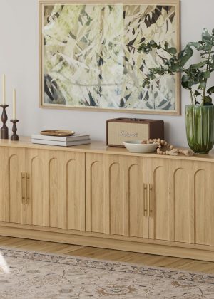 TV Stand for 75 Inch TV, Mid Century Modern TV Stand with Arched Design, Wood Grain Finish, Boho Media Console with Adjustable Shelves, 67" Entertainment Center for Living Room Bedroom, Oak