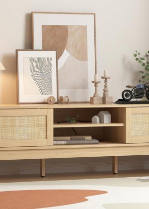 Boho TV Stand for 55 65 Inch TV, Rattan Entertainment Center with Shelves, Cabinets and Sliding Doors, TV Media Console Table with Solid Wood Feet & Cord Holes for Living Room, Bedroom, Natural
