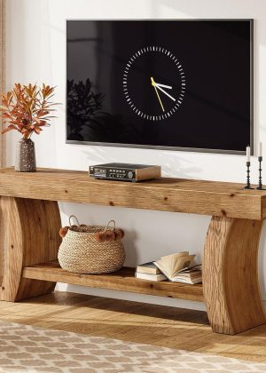63" Solid Wood TV Stand for 55/60/65/75" TVs, Farmhouse TV Console, Low Entertainment Center with Storage for Living Room, Bedroom