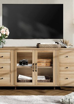 Farmhouse TV Stand for TVs Up to 65 inch, Wood TV Console Table with Storage Cabinets & Glass Door, Entertainment Center for 32-75 inch TV Console Cabinet, 58", Oak