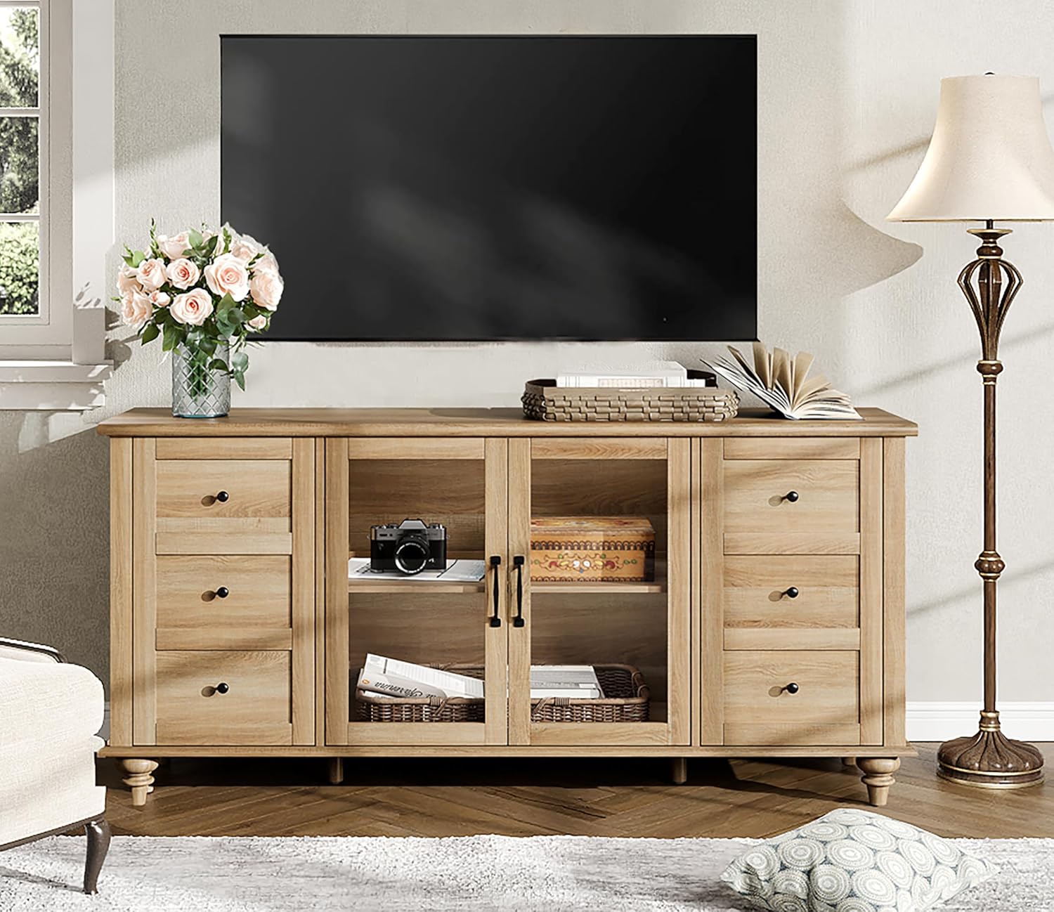 Farmhouse TV Stand for TVs Up to 65 inch, Wood TV Console Table with Storage Cabinets & Glass Door, Entertainment Center for 32-75 inch TV Console Cabinet, 58", Oak