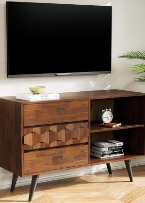 45 Inch Solid Wood TV Stand, Under 10 Minutes Assembly Entertainment Center with Storage, Geometric Pattern TV Console for Living Room, Bedroom, Dinning Room - Walnut