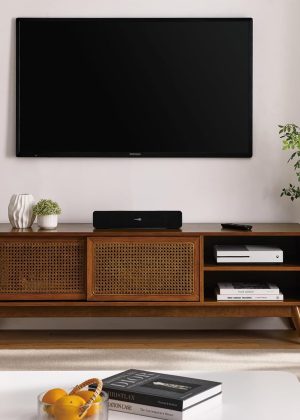 Mid Century Modern Rattan TV Stand for 65 Inch TV,59" Boho Media Console with Sliding Doors & Open Shelves,Solid Wood Legs for Living Room,Light Walnut