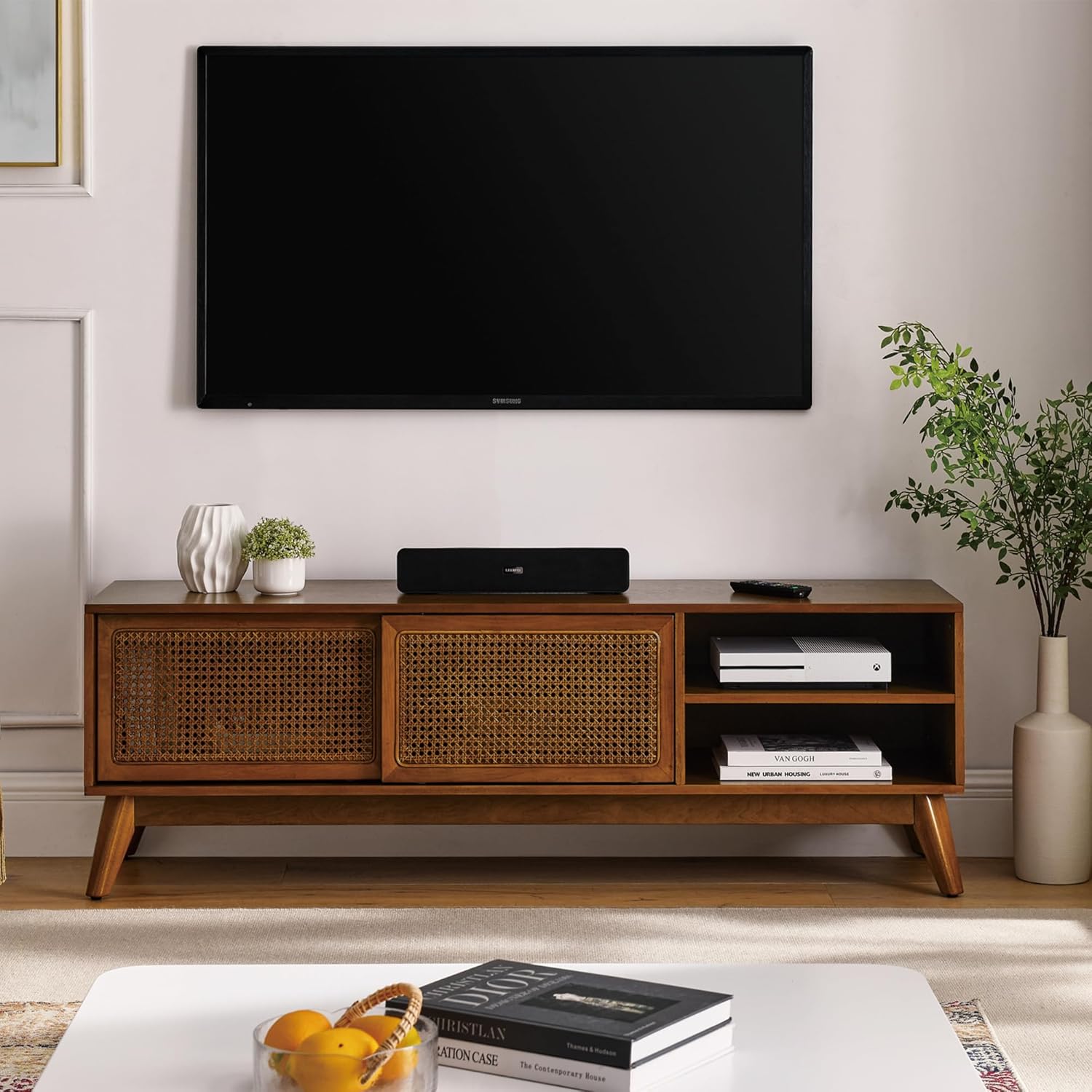 Mid Century Modern Rattan TV Stand for 65 Inch TV,59" Boho Media Console with Sliding Doors & Open Shelves,Solid Wood Legs for Living Room,Light Walnut
