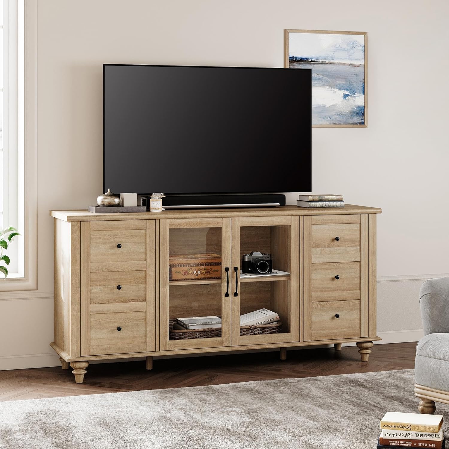 Farmhouse TV Stand for TVs Up to 65 inch, Wood TV Console Table with Storage Cabinets & Glass Door, Entertainment Center for 32-75 inch TV Console Cabinet, 58", Oak - Image 2