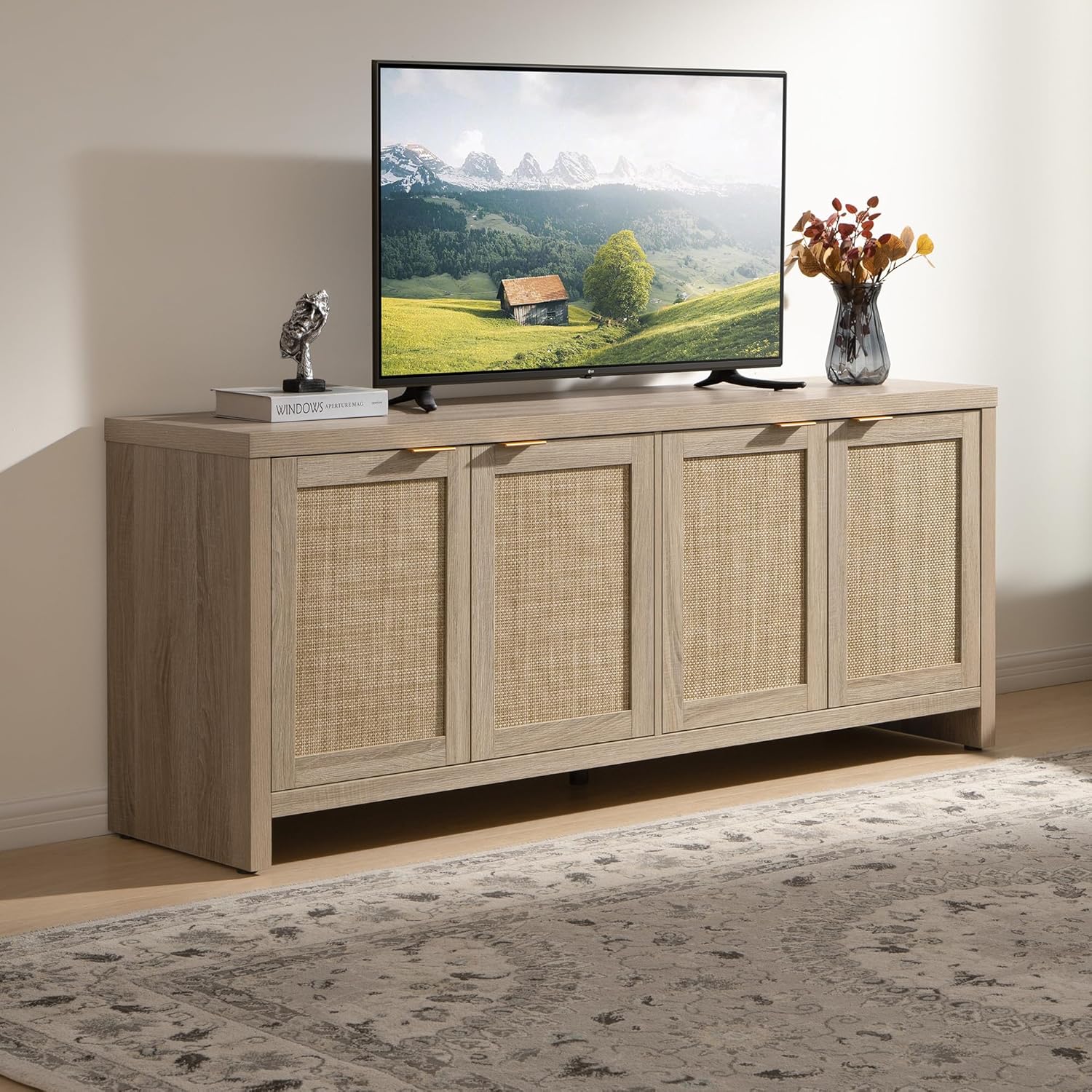 TV Stand for Living Room Boho Entertainment Center for Bedroom with 4 Rattan Cabinets Farmhouse Television Stands with Storage Large Media Console Table for TVs up to 65 Inch - Image 2