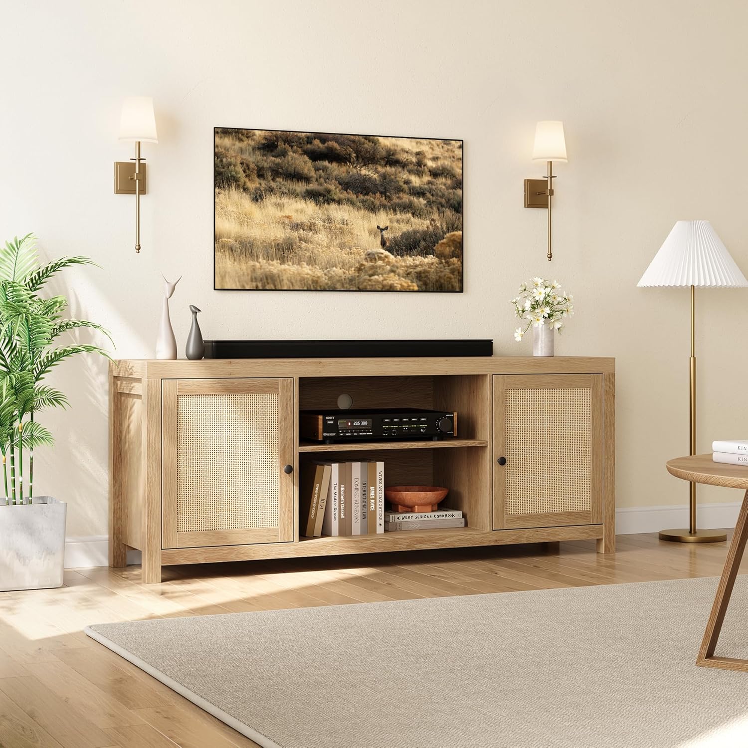 Rattan TV Stand for 65+ Inch, Entertainment Center with 2-Tier Adjustable Storage Shelves, Boho TV & Media Cabinet for Living Room Bedroom, Natural Oak - Image 2