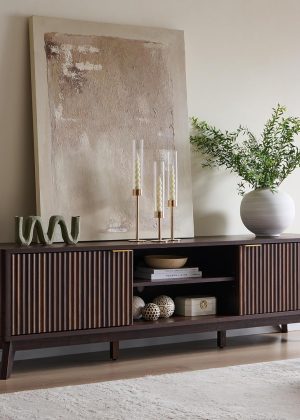 70" Mid Century Modern Fluted TV Stand, Entertainment Center, Sideboard, Media Console for Living Room with 2 Soft Close Door/Adjustable Shelves (Dark Walnut)