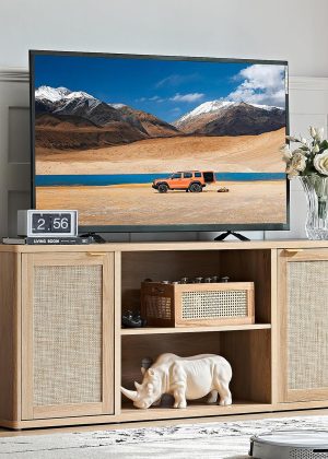 Rattan TV Stands for Living Room, Boho TV Cabinet with Storage and Open Shelf, Rustic Wood Entertainment Center, Media Console for 50-65 Inch TV, Natural Wood