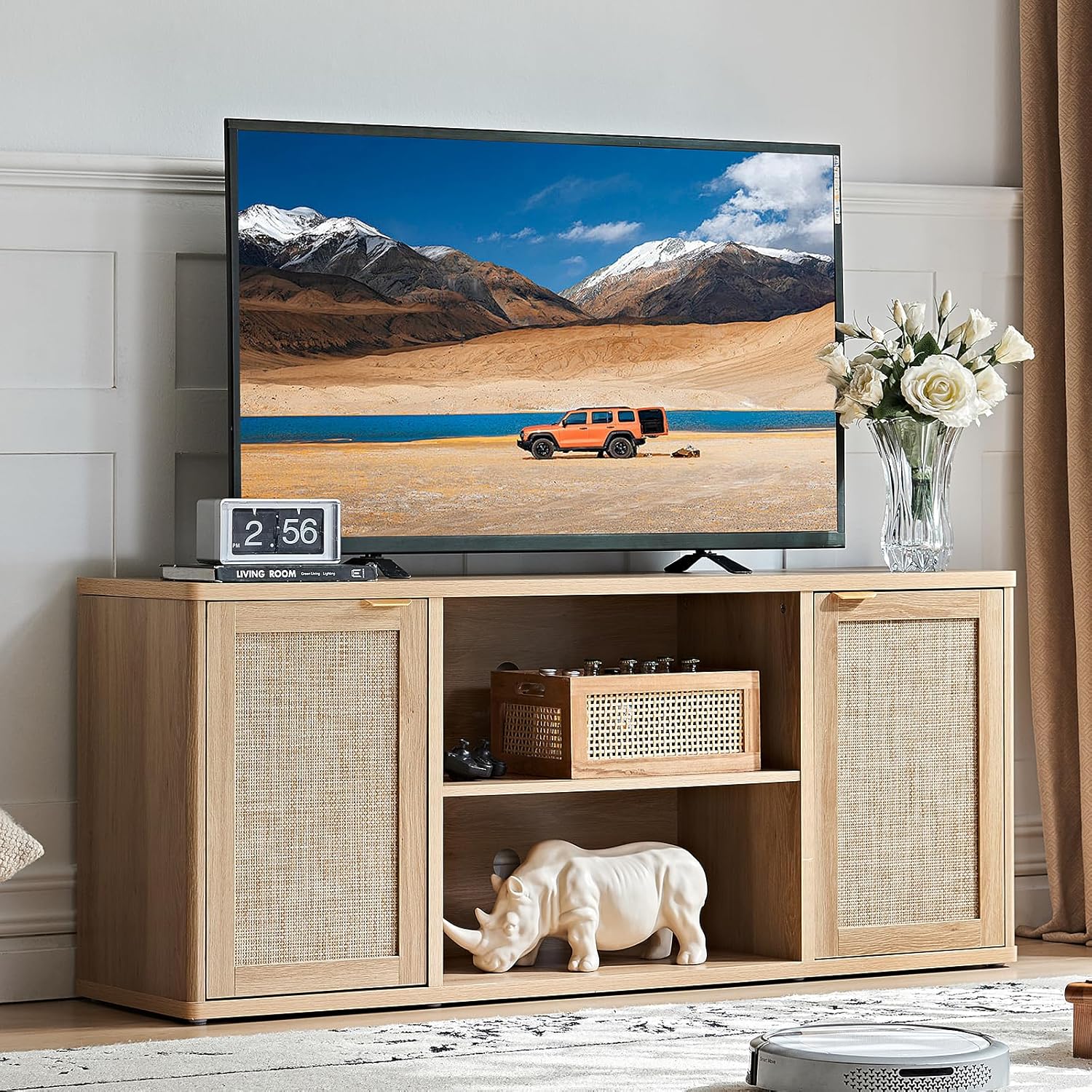 Rattan TV Stands for Living Room, Boho TV Cabinet with Storage and Open Shelf, Rustic Wood Entertainment Center, Media Console for 50-65 Inch TV, Natural Wood