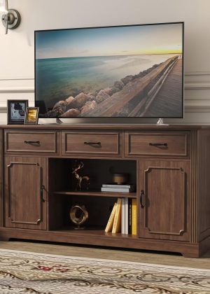 TV Stand with 3 Drawers for TV up to 65'', Wood Mid Century Television Cabinet with Adjustable Shelves, Entertainment Center with Storage, Console for Living Room, Walnut