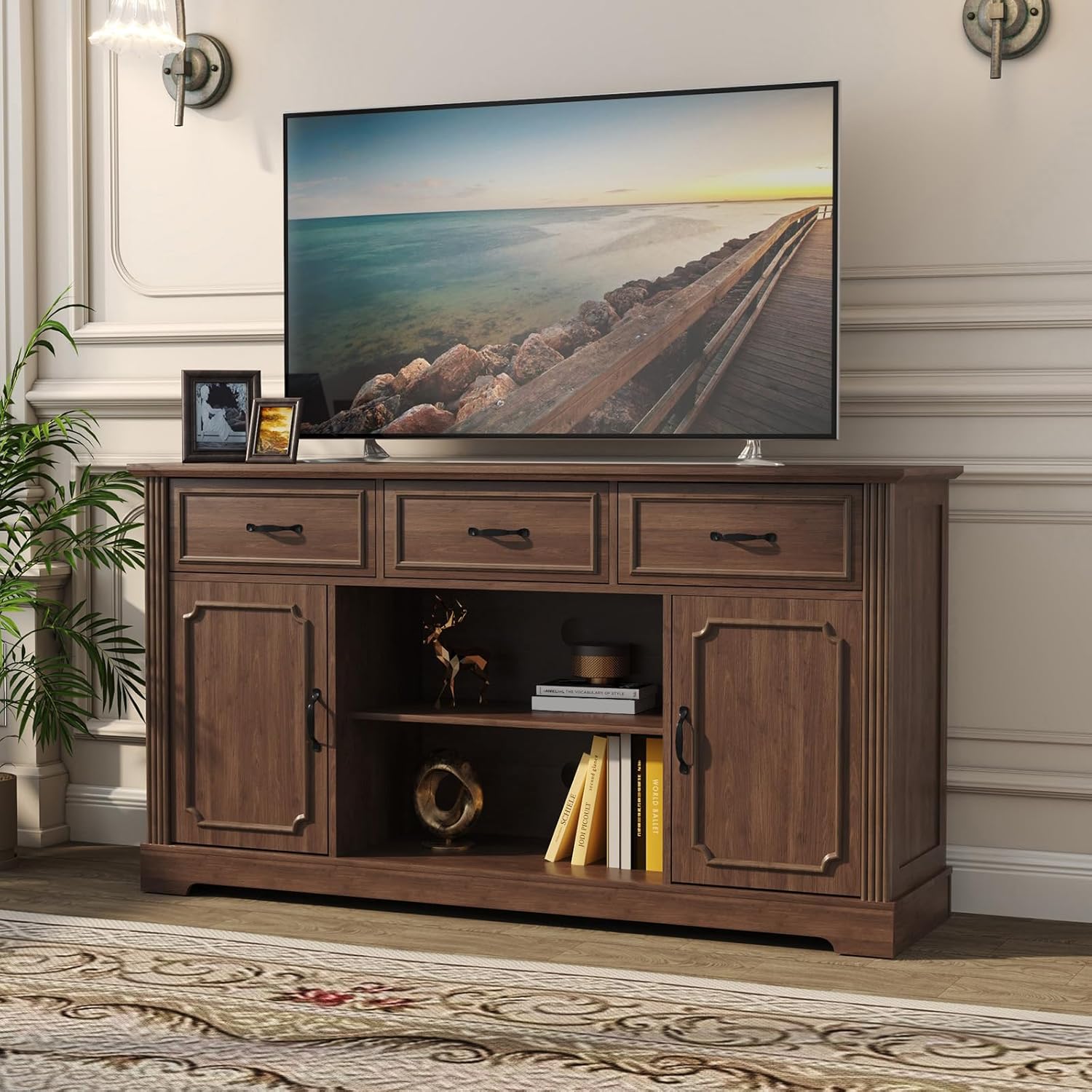 TV Stand with 3 Drawers for TV up to 65'', Wood Mid Century Television Cabinet with Adjustable Shelves, Entertainment Center with Storage, Console for Living Room, Walnut