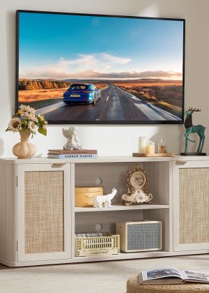 Rattan TV Stands for Living Room, Boho Entertainment Center with Storage and Open Shelf, Wood Media Console for 50-65 Inch TV, Grey