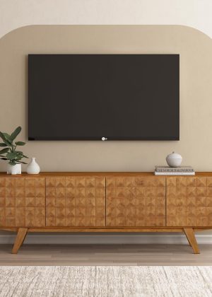 Mid-Century Modern Solid Wood TV Stand 4-Door Media Console with Carved Geometric Fronts for TVs up to 75", Effortless Assembly, Teak Look