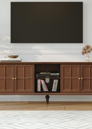 67" Mid Century Modern TV Stand with Window Design,Wood Entertainment Center with Open Shelf,Up to 70" Media TV for Living Room or Bedroom,Walnut
