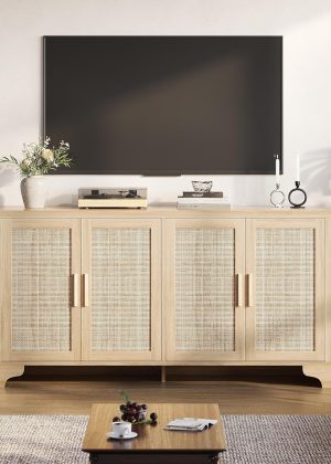 TV Stand for TVs Up to 65'', Natural Rattan Entertainment Center with Storage Cabinets, Boho Media Console Table for Living Room, Farmhouse Cabinet