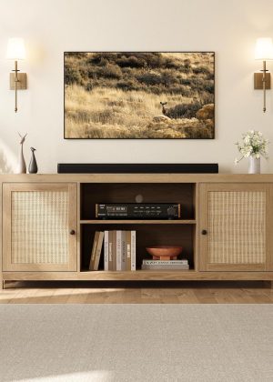 Rattan TV Stand for 65+ Inch, Entertainment Center with 2-Tier Adjustable Storage Shelves, Boho TV & Media Cabinet for Living Room Bedroom, Natural Oak