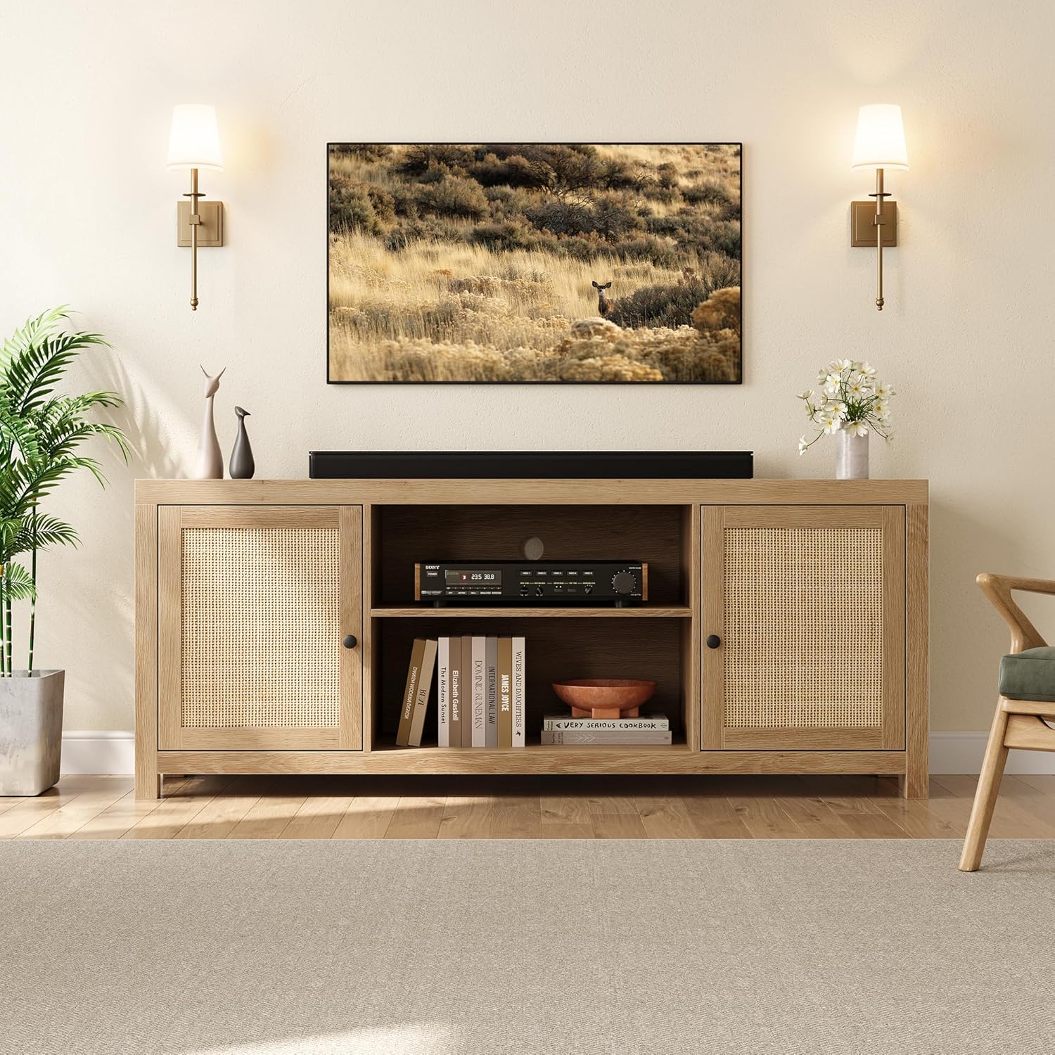 Rattan TV Stand for 65+ Inch, Entertainment Center with 2-Tier Adjustable Storage Shelves, Boho TV & Media Cabinet for Living Room Bedroom, Natural Oak