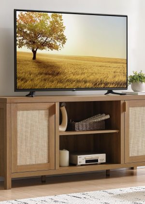 TV Stands for Living Room : Rattan TV Console Cabinet with Storage and Shelf, Boho Entertainment Center, 59" Media Console for 55, 65 Inch TV, 26" Tall Television Stands, Oak