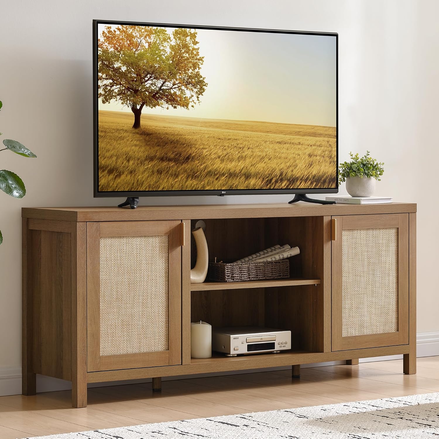TV Stands for Living Room : Rattan TV Console Cabinet with Storage and Shelf, Boho Entertainment Center, 59" Media Console for 55, 65 Inch TV, 26" Tall Television Stands, Oak