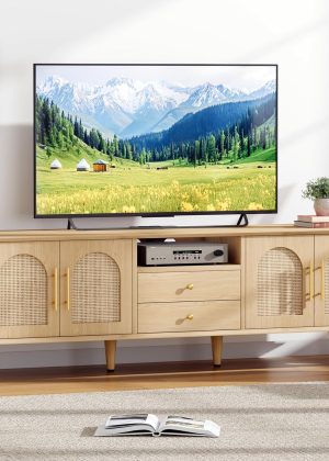 Rattan TV Stand for 75 inch TV, Entertainment Center with Storage Cabinet, 2 Drawers & Doors, Adjustable Shelf & Power Outlet, Modern Media TV Console Table for Living Room, Bedroom, Natural Oak